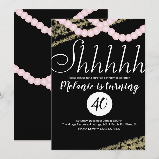 Surprise Shhhhh Rosa Pearl Foil Födelsedagsfest Inbjudningar (Fram/baksida)