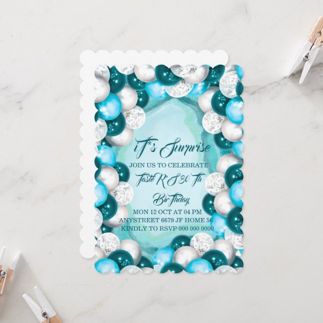 Surprise Turquoise Birthday Invitation, Adult Birt Inbjudningar (Fram/Back In Situ)