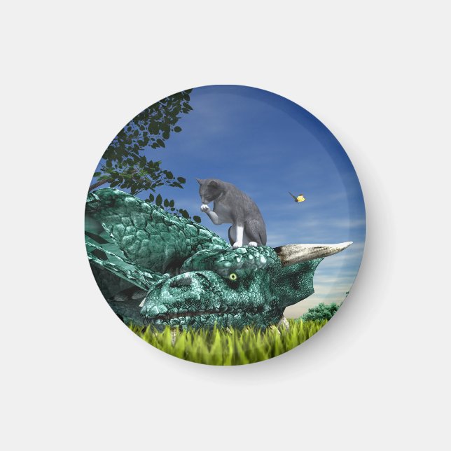 Surprise Visitor - Cute Cat on Dragon's Head Magnet (Framsidan)