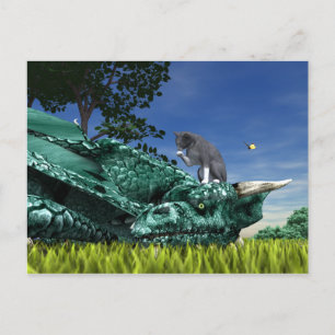 Surprise Visitor - Cute Cat on Dragon's Head Vykort