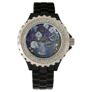 Surreal Abstrakt Indigo Ansikte & Flowers Armbandsur