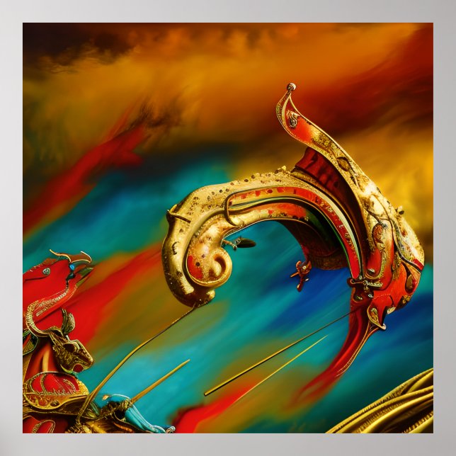 Surreal Abstrakt modern röd guld teal carrousel Poster (Framsidan)