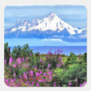 Surreal Alaska Wilderness-målning Fyrkantigt Klistermärke