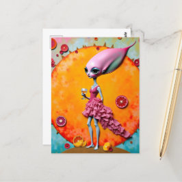 Surreal Alien Dam vid Rosa med Orange juicer Vykort