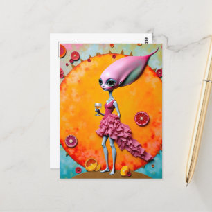 Surreal Alien Dam vid Rosa med Orange juicer Vykort