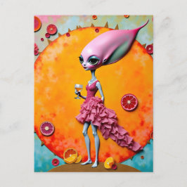 Surreal Alien Dam vid Rosa med Orange juicer Vykort