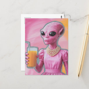 Surreal Alien Dam vid Rosa med Orange juicer Vykort
