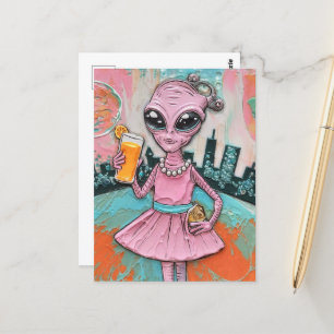 Surreal Alien Dam vid Rosa med Orange juicer Vykort