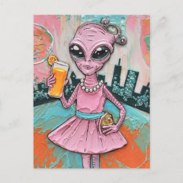 Surreal Alien Dam vid Rosa med Orange juicer Vykort