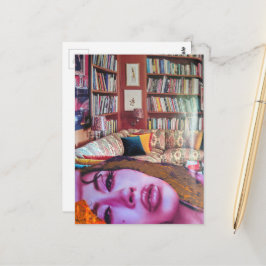 Surreal ansikte i bibliotek rum collage vykort