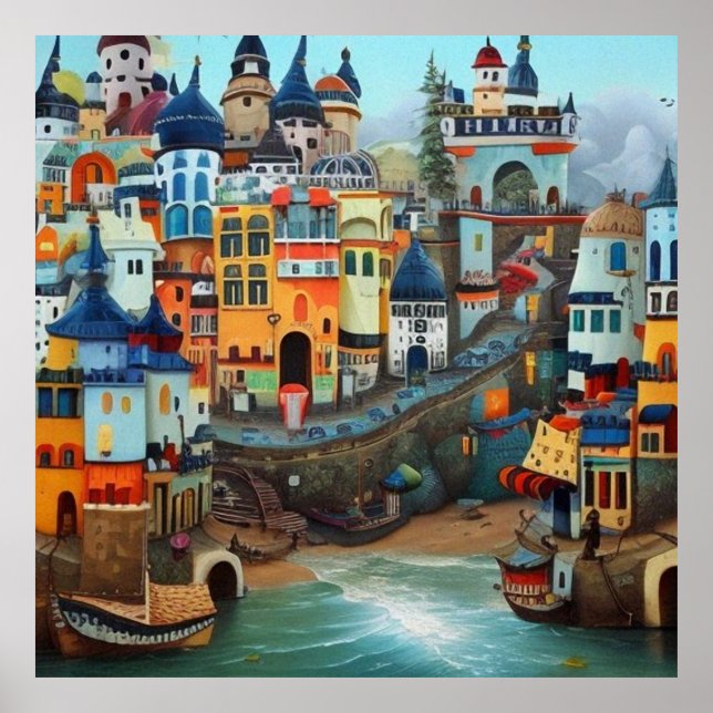 Surreal Art Abstrakt - en liten turiststadsstrand Poster (Framsidan)