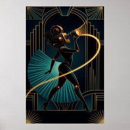 Surreal Art Deco Kamera Kvinna Guld Silhuett Poster