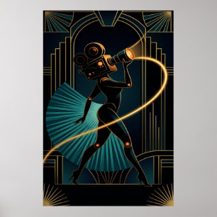 Surreal Art Deco Kamera Kvinna Guld Silhuett Poster