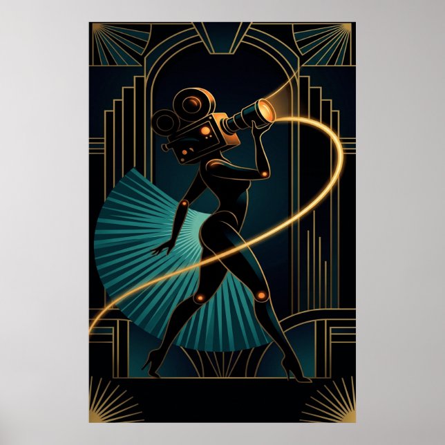 Surreal Art Deco Kamera Kvinna Guld Silhuett Poster (Framsidan)