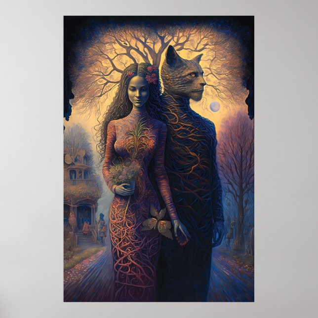 Surreal art. Woman and a cat man holding hands Poster (Framsidan)