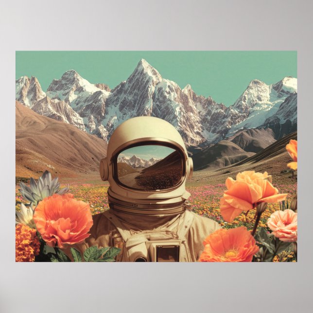 Surreal Astronaut In Flower Field Poster (Framsidan)