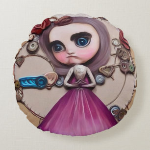 Surreal Baby Ansikte Doll Rund Kudde