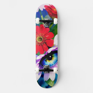 Surreal blå ögon rosa blomma & röda zinnier mini skateboard bräda 18,5 cm