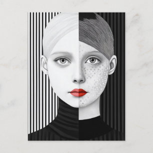Surreal Black and White Ansikte Red Läppar Vykort