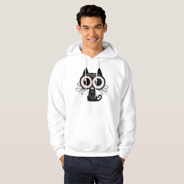 Surreal Black Cat med stort Ögon - Mystical Art Hoodie (Hel framsida)