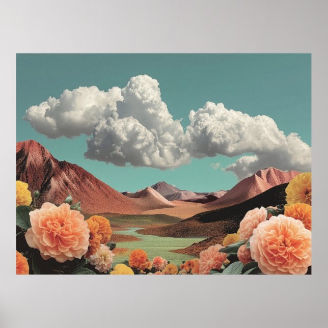 Surreal blomsterberglandskap med dramatiska moln poster (Framsidan)
