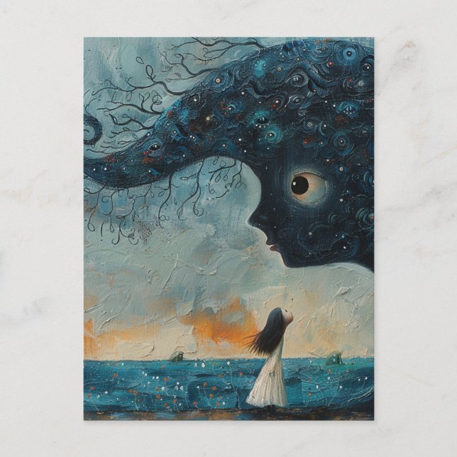 Surreal Blue Ansikte och en flicka Vykort (Framsida)