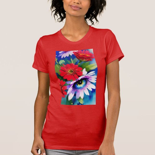 Surreal Blue Eye Pink Flower & Red Zenias T Shirt (Framsida)
