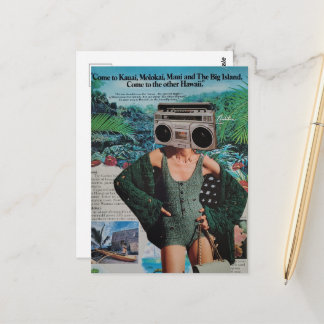 Surreal Boombox Hawaii Kvinna Collage Vykort