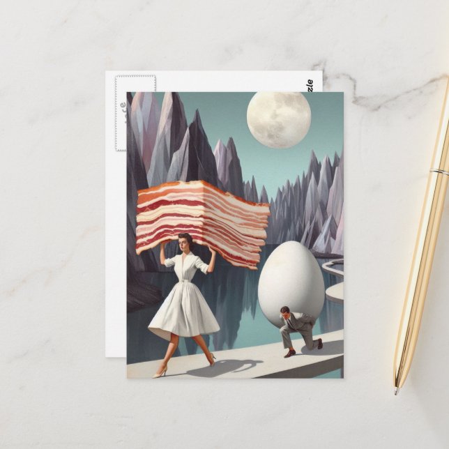 Surreal Breakfast People Giant Egg and Bacon Vykort (Fram/Back In Situ)