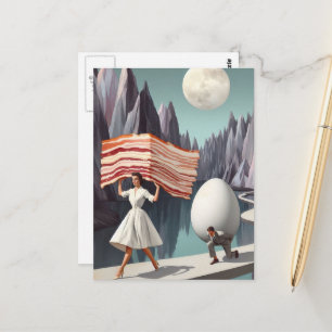 Surreal Breakfast People Giant Egg and Bacon Vykort