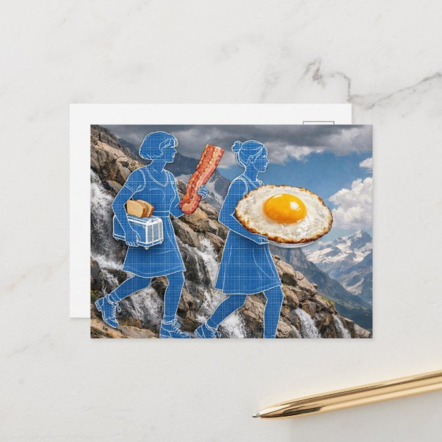 Surreal Breakfast Woman Bacon and Eggs Blueprint Vykort (Fram/Back In Situ)