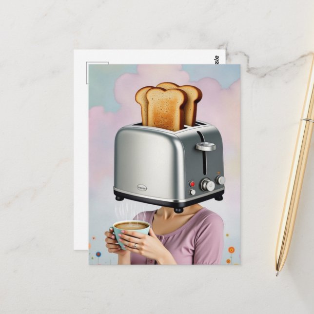 Surreal Breakfast Woman Toaster Head Vykort (Fram/Back In Situ)