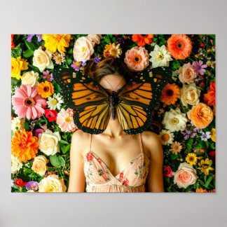 Surreal Butterfly Mask Woman i Blommigt Garden Poster