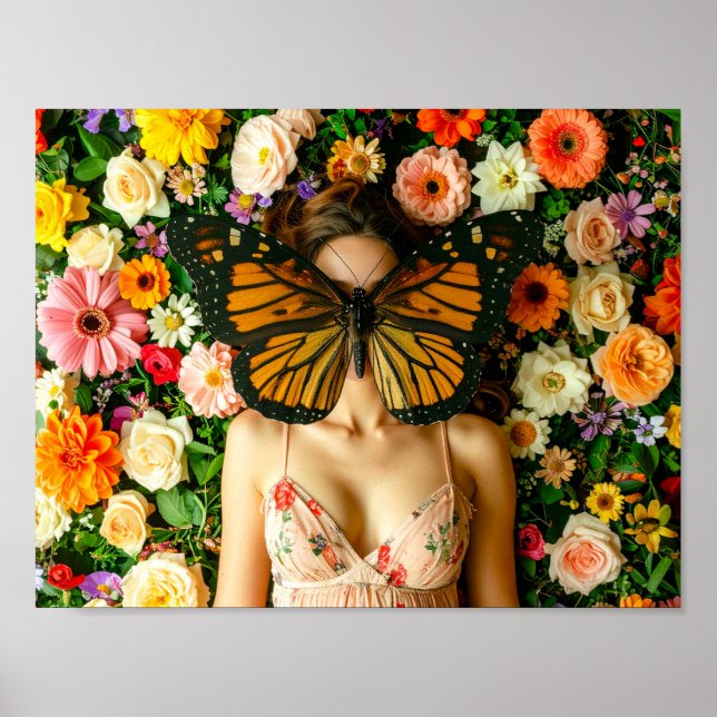 Surreal Butterfly Mask Woman i Blommigt Garden Poster (Framsidan)