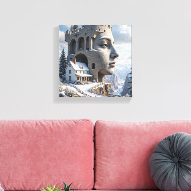 Surreal Castle Ansikte i Snowy Mountains - Fantasy Canvastryck (Insitu (Vardagsrum))
