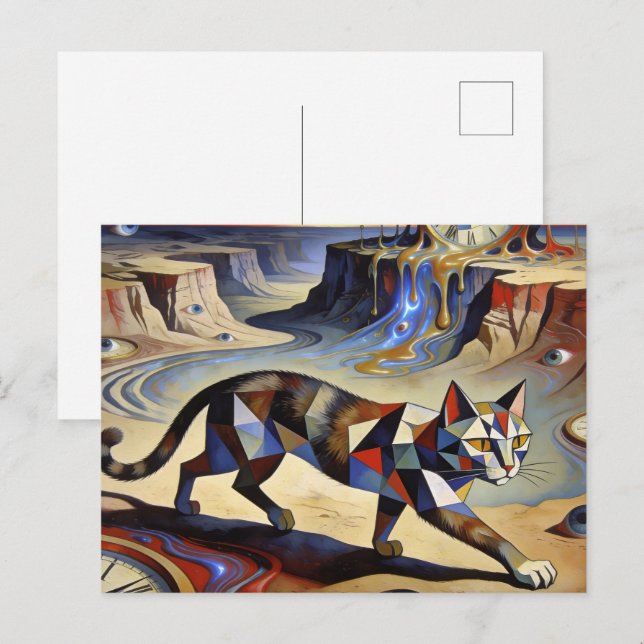 Surreal Cat Melting Clocks Dali Picasso Inspired Vykort (Fram/baksida)