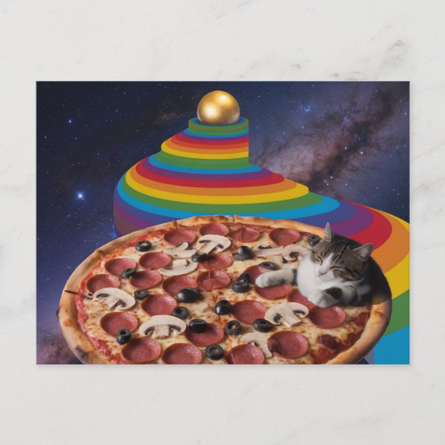 Surreal Cat Spipande på ett pizza Vykort (Framsida)