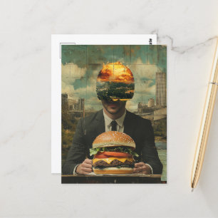 Surreal Cheeseburger Person i City Collage Vykort