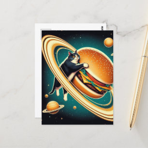 Surreal Cheeseburger Planet Cat Vykort
