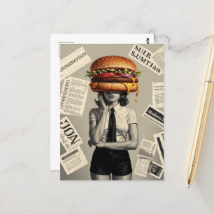 Surreal Cheeseburger Woman Collage News Vykort