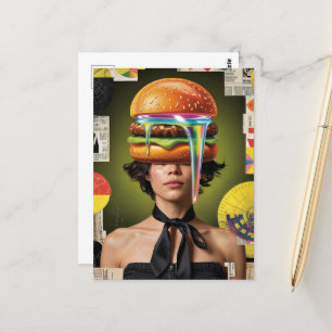 Surreal Cheeseburger Woman Collage Vykort