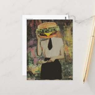 Surreal Cheeseburger Woman Holds Salad Plate Vykort