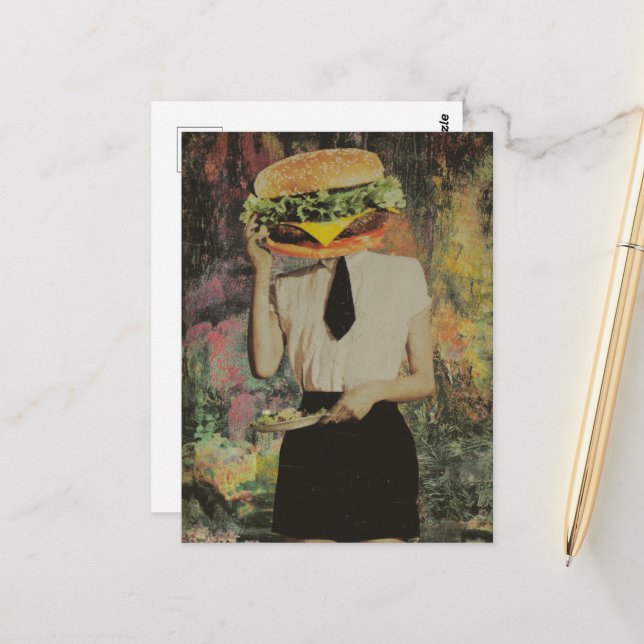 Surreal Cheeseburger Woman Holds Salad Plate Vykort (Fram/Back In Situ)