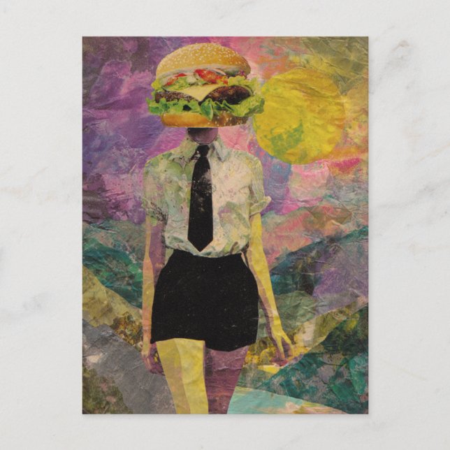 Surreal Cheeseburger Woman Mixed Media Vykort (Framsida)