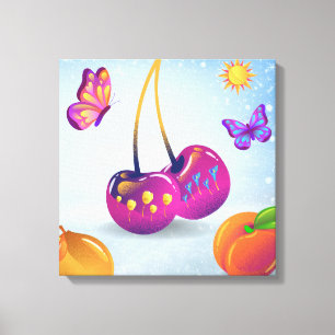 Surreal Cherry & Butterfly Stretched Kanvastryck