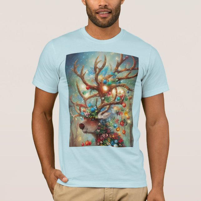 Surreal Christmas Reindeer With Ornaments & Lights T Shirt (Framsida)