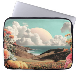 Surreal Coastal Landscape With Flowers And Clouds Laptop Fodral