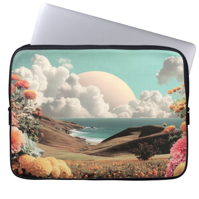 Surreal Coastal Landscape With Flowers And Clouds Laptop Fodral (Framsidan)