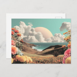 Surreal Coastal Landscape With Flowers And Clouds Vykort