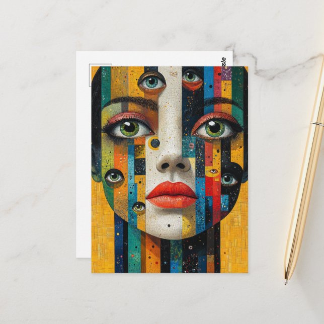 Surreal Colorful Face With Lots of Eyes Vykort (Fram/Back In Situ)